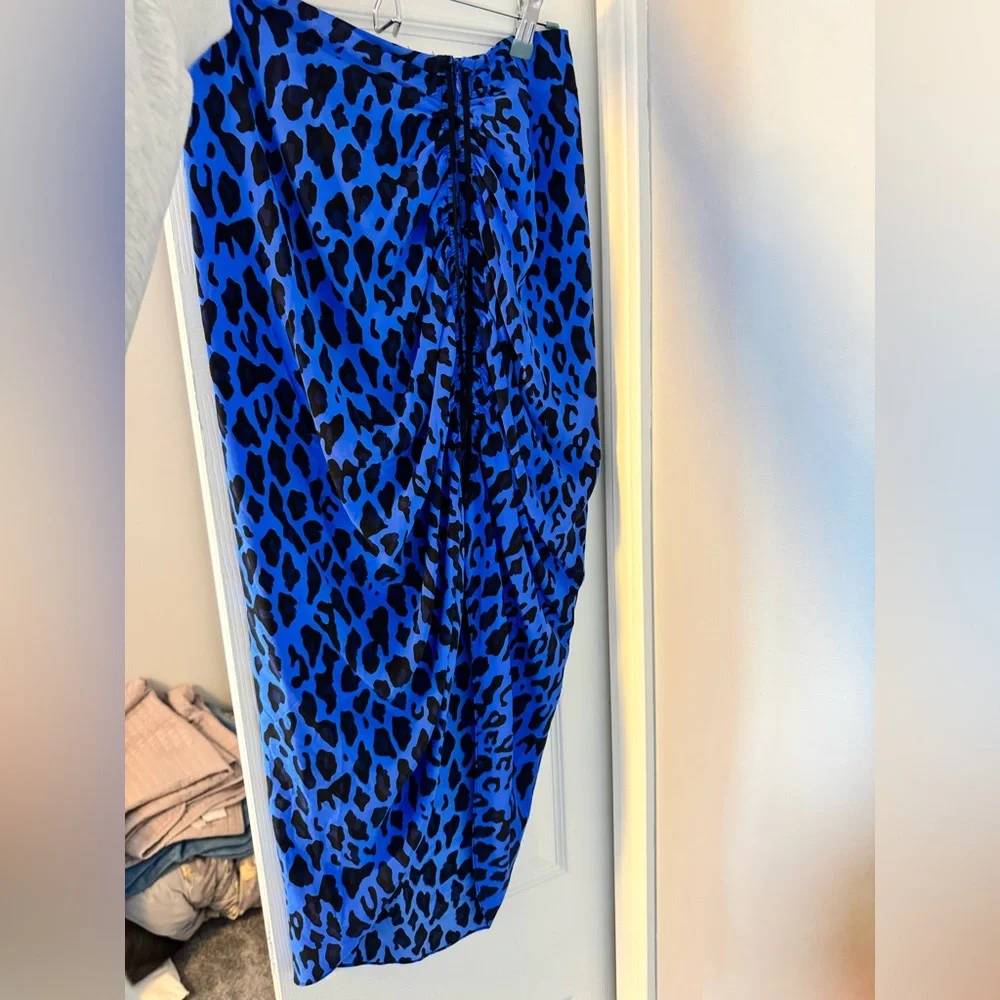 Diane Von Furstenberg Ruched Leopard Print Silk Pencil Skirt Blue Size 8 - Picture 2 of 3